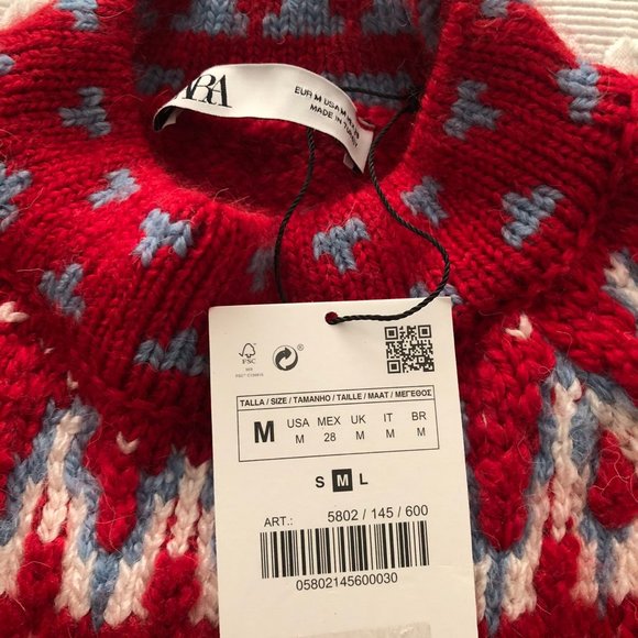 ZARA CABLE KNIT JACQUARD SWEATER Red Fair Isle LONG SLEEVE RED 5802/145 M NEW - Picture 3 of 9
